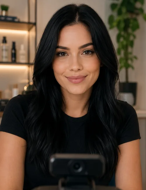 Mulher de cabelo castanho escuro, antes da simulação de cor.