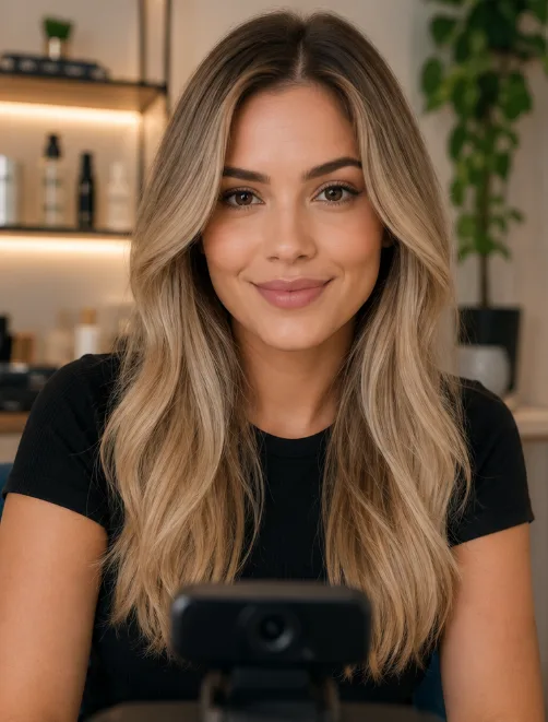 A mesma mulher, na mesma pose, com o cabelo em tom louro iluminado — resultado da simulação.